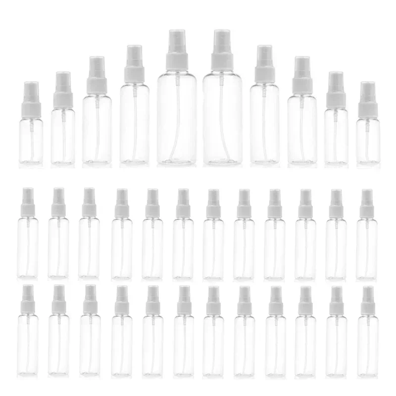 50個入り、10ml～120mlの透明プラスチック製スプレーボトル。旅行用で持ち運び可能な液体用容器。詰め替え可能な香水サンプルボトル。
