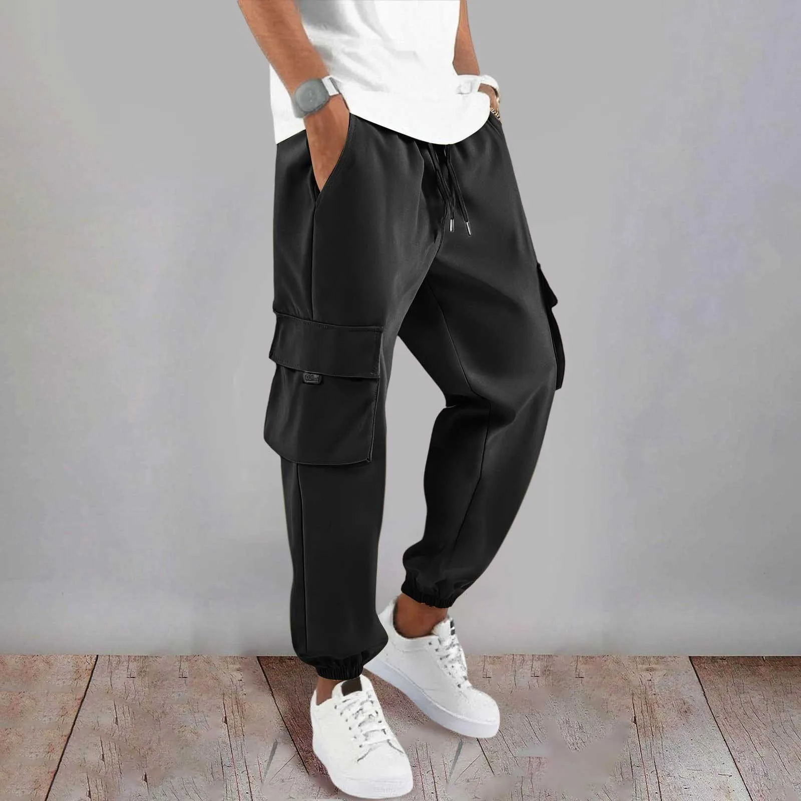 

Men's Black Jogging Cargo Pants Multi Pockets Running Pants Drawstring Sports Outdoor Running Street Wear Tracksuit Pants