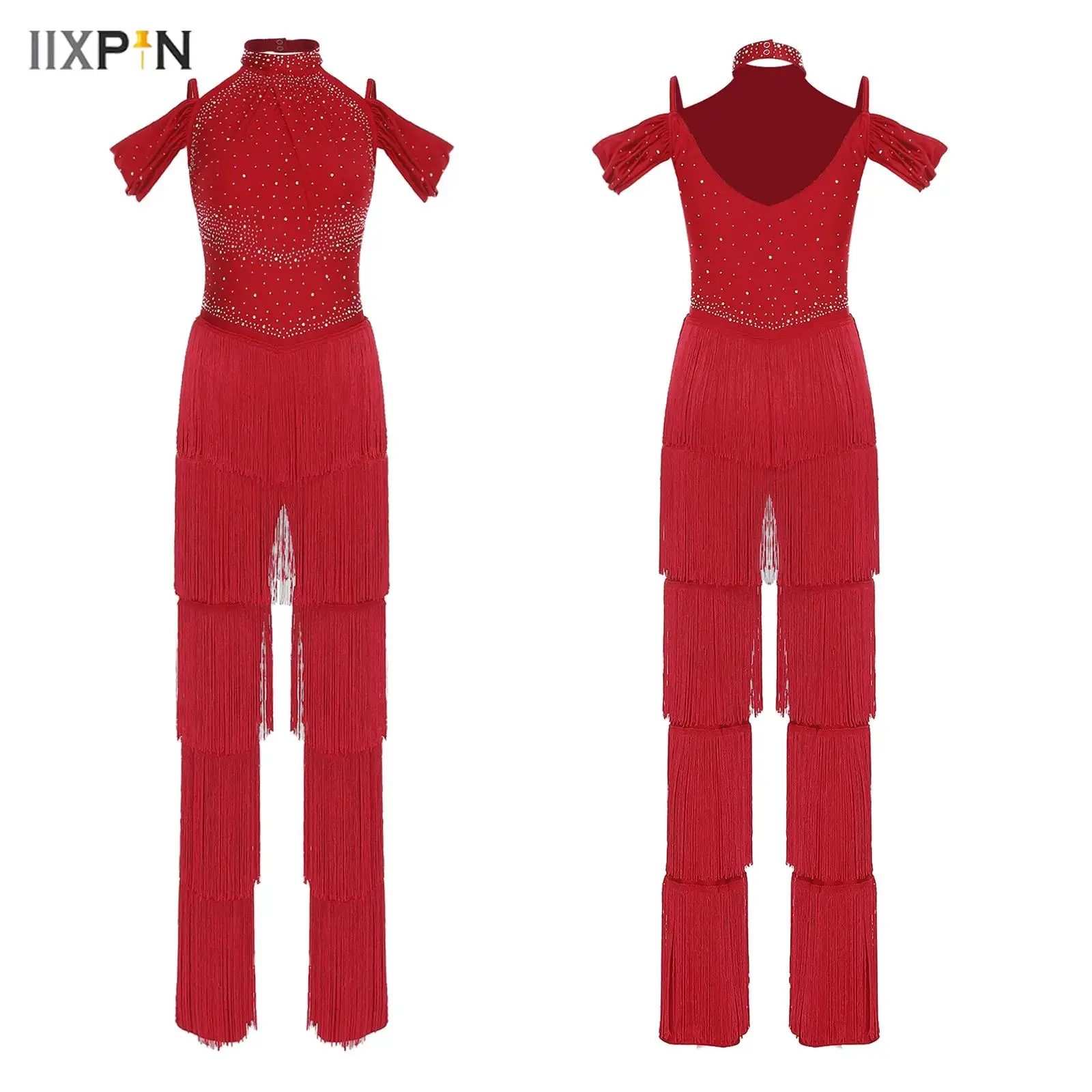 

Womens Latin Samba Dance Rompers Halter Off Shoulder Rhinestones Tiered Tassel One Piece Jumpsuit for Rumba Ballroom Dance Party