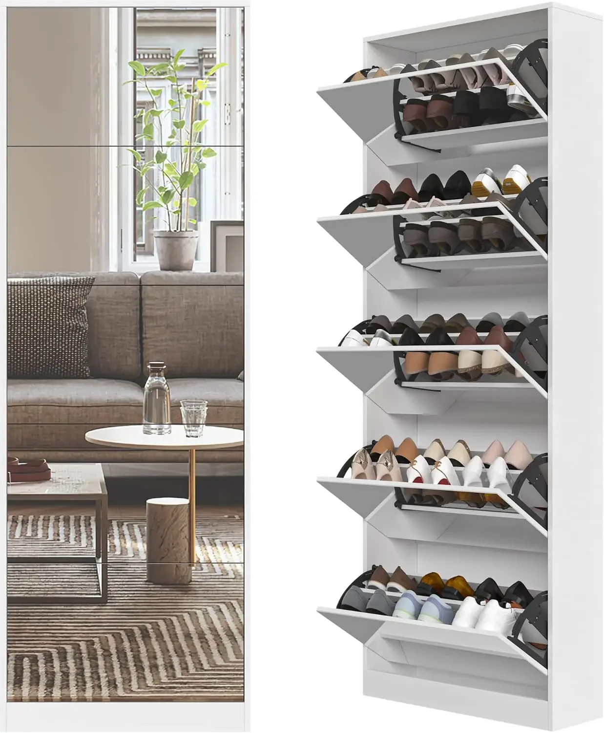Shoe Storage Cabinet with Full Length Mirror, 30 Pairs & 5 Flip Drawer, Free Standing Shoe Rack Cabinet, Narrow Shoes Organizer