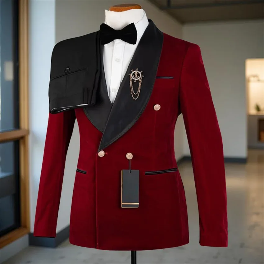

Double Breasted Men's Suits For Wedding Groomsman 2 Pcs Groom Tuxedo Burgundy Velvet Blazer Formal Custom Costume (Jacket+Pants)