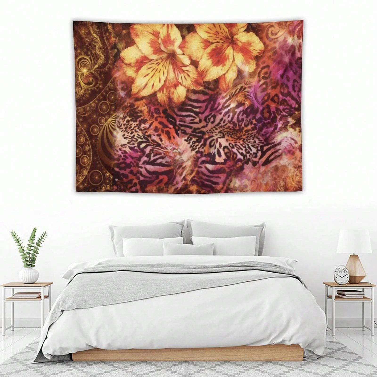 1pc Colorful Flowers And Leopard Print Art  Tapestry, Fun Tapestry Suitable For College Dormitories, Living Rooms, Home Decor