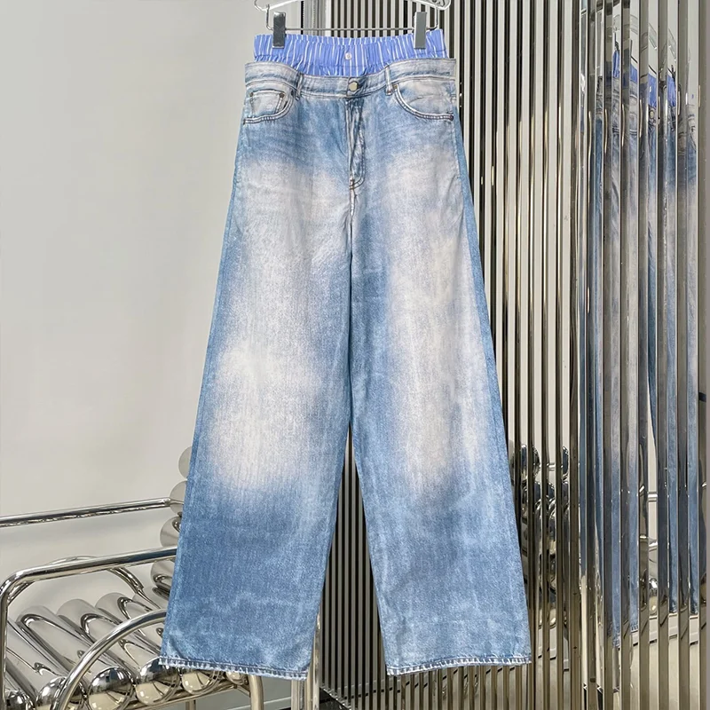 

High-quality women's jeans faux two-piece double-waist printed denim color-block casual pants Straight and loose fit 2592656