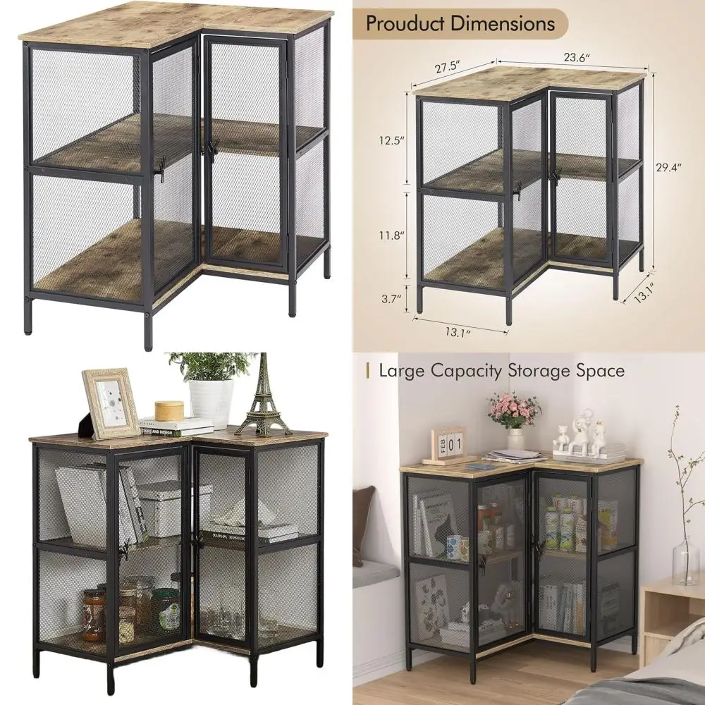 

Трехуровневый угловой шкаф с дверцами и полками, тумба под телевизор в индустриальном стиле, многофункциональный отдельно стоящий стол для небольших помещений в гостиной