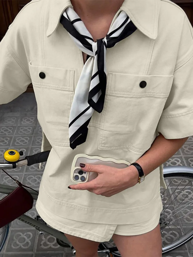 

Casual Pockets Top Shorts Sets Women Loose Lapel Half Sleeve Split Tops Wide Leg Short Pants 2025 Summer Lady Chic Outfits