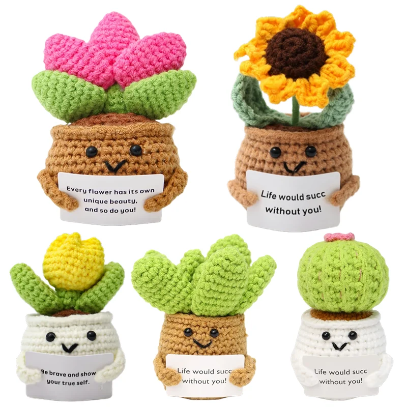 

Positive Energy Wool Crochet Flowers Potted Plant Desktop Ornament Emotional Support Handmade Knitted Gift for Friend Birthday