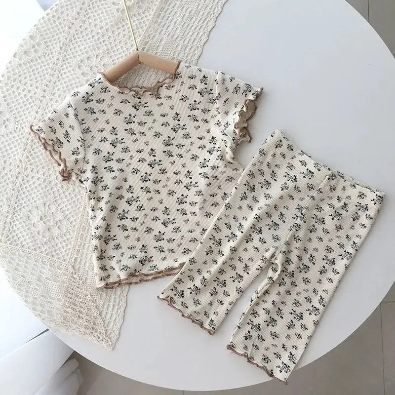 0-6Y Toddler Girls Pajama Set Floral Print Korean Ruffle Short Sleeve Top & Shorts 2Pcs Kids Summer Home Wear Child Sleepwear