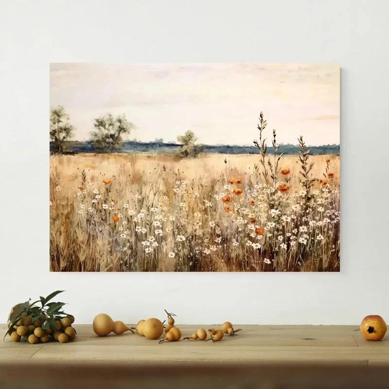 Multiple sizes 1pc frameless Canvas Painting,Wildflowers Field Retro Botanical Boho Farmhouse Poster and Prints Canvas Painting