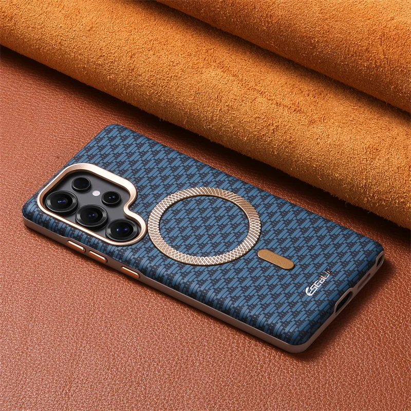 

Luxury Leather Carbon Fiber Texture Case For Samsung Galaxy S26 S25 S24 Ultra For Magsafe Wireless Charging Shockproof Cover