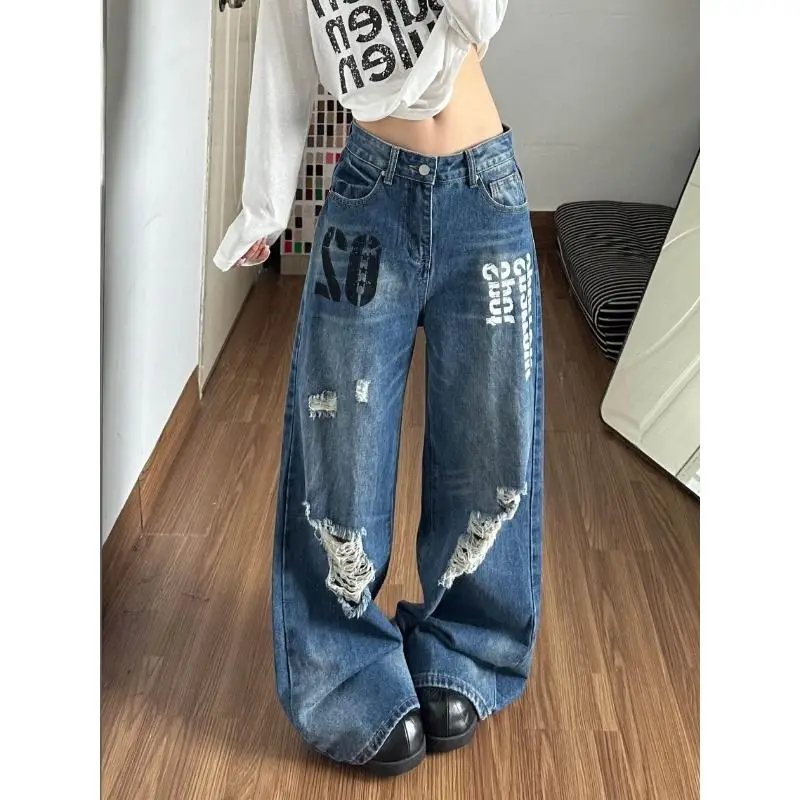 Calças Jeans Rasgadas Estilo Americano para Homens e Mulheres, Vintage, Largas, com Estampa de Letras, Corte Casual e Reto