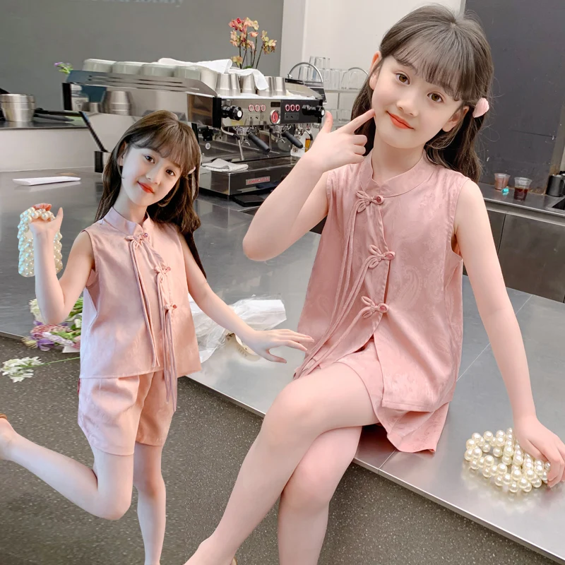 

Girls Clothing Set Chinese Style Kids Traditional Vest + Shorts Two-Piece Set Retro Style 2025 Summer New