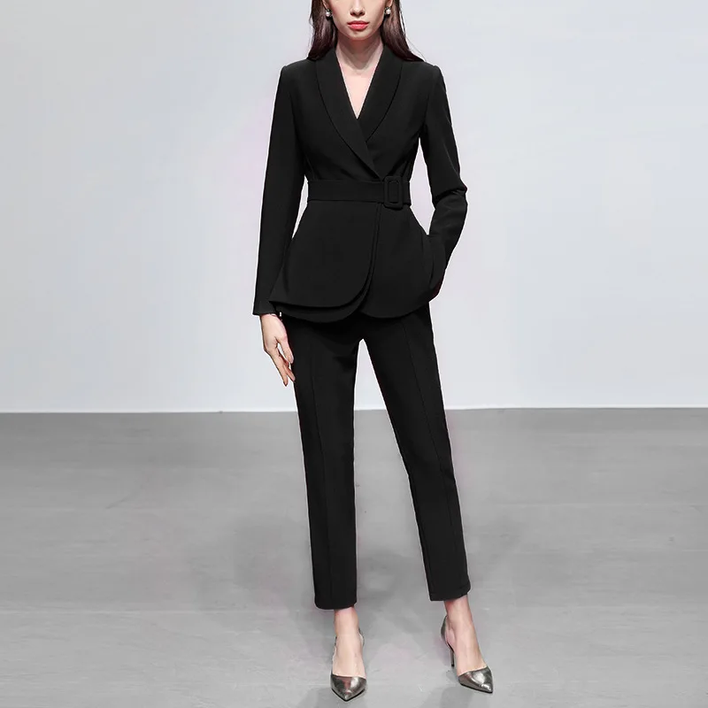 Ternos femininos Office Set Elegante Blazer + Calças retas Primavera 2023 Business Lady Party Jacket Com Belt Prom Dress Em Stock