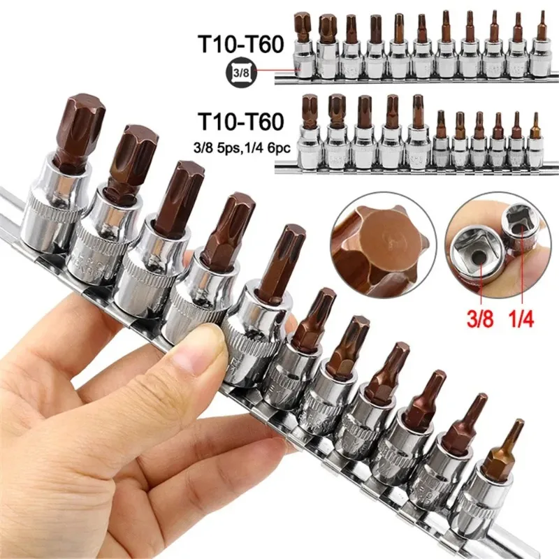11Pcs Torx Socket Bit Set, Chrome Vanadium Steel 1/4 & 3/8 Inch Drive Ratchet Wrench Adapter Press Fit Sleeve Repair Hand Tool
