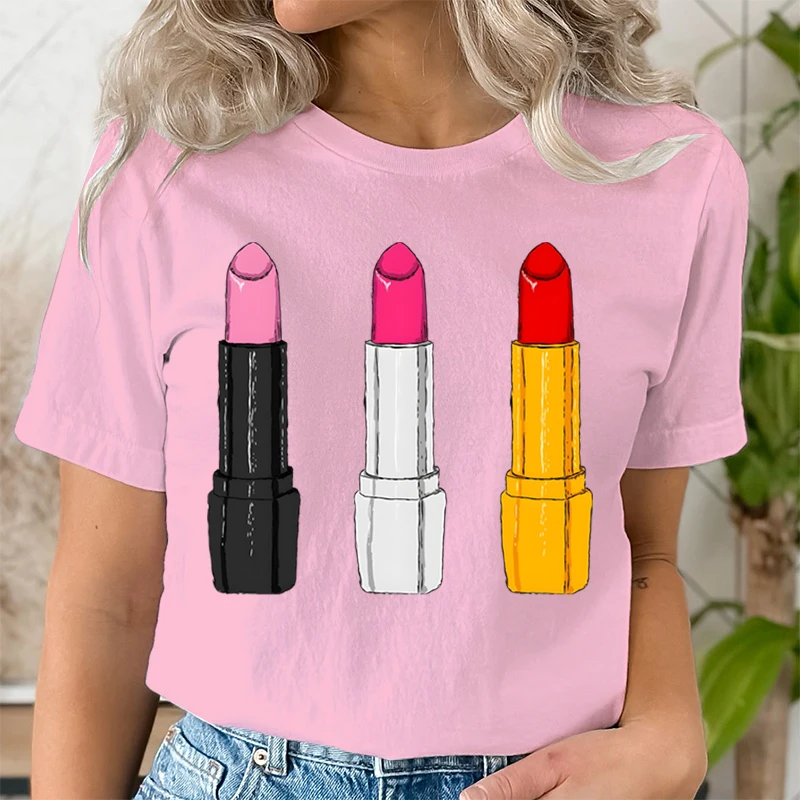 Summer Clothing Lipstick Makeup Fashion Women Tee T-shirts Casual Short Sleeve Regular Female Graphic T Shirt Fashion Clothes