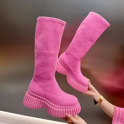 2024 Sock Boots New Women Knee High Knitted Pointed Toe High Heel Long Boots Breathable Lady Shoes Keep Warm Fashion Botas Mujer