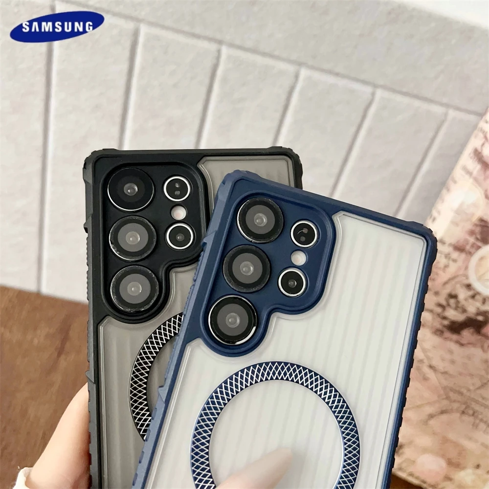 حافظة مغناطيسية شفافة غير لامعة لهاتف سامسونج جالاكسي S25 S24 S23 S22 Ultra Plus حماية لعدسة Magsafe للشحن اللاسلكي غطاء عمودي