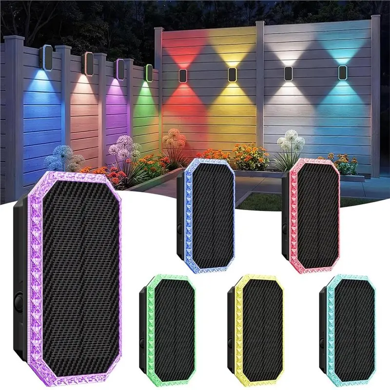 BAAG-RGB Solar Fence Lights Outdoor 6PCS Waterproof Solar Powered Fence Wall Lights Featuring Bi-Directional Uplights& Downlight