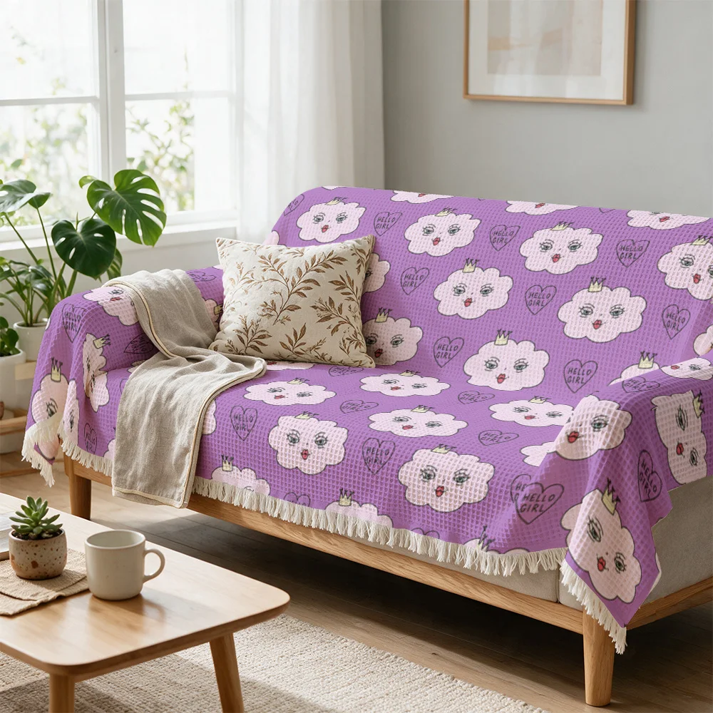 Cute Cartoon Printed Throw Blanket for Sofa Bed Cover Textile Decorative Picnic Accent Purple Lavender Floral Pattern Boho Home