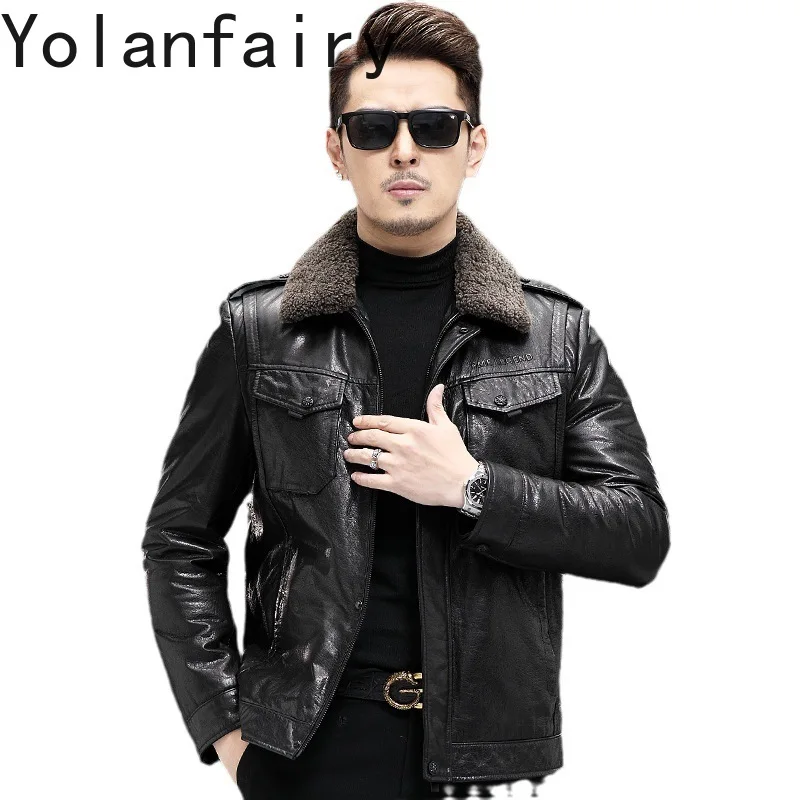 YOLANFAIRY Genuine Leather Cowskin Mens Jakcet Winter Wool Collar Coats White Duck Down Liner Removable Jackets Jaqueta De Couro