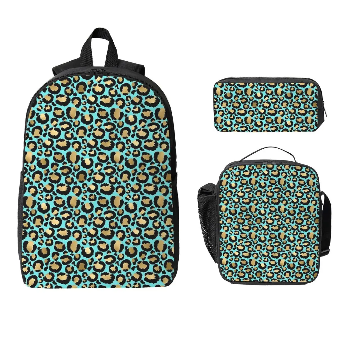 

Blue Turquoise Gold Metallic Leopard Print Fur Spots Backpack Boys Girls BookBag School Bag 3ps Insulated Lunch Bag Pencil Case