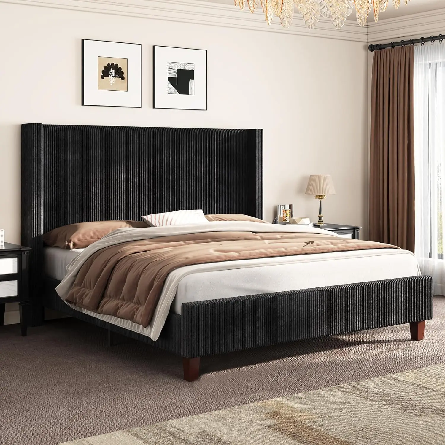 

Upholstered Bed Frame with 50.8" Tall Headboard Wingback Platform Bed with Solid Wood Legs Wooden Slats Corduroy/No Box Spring N