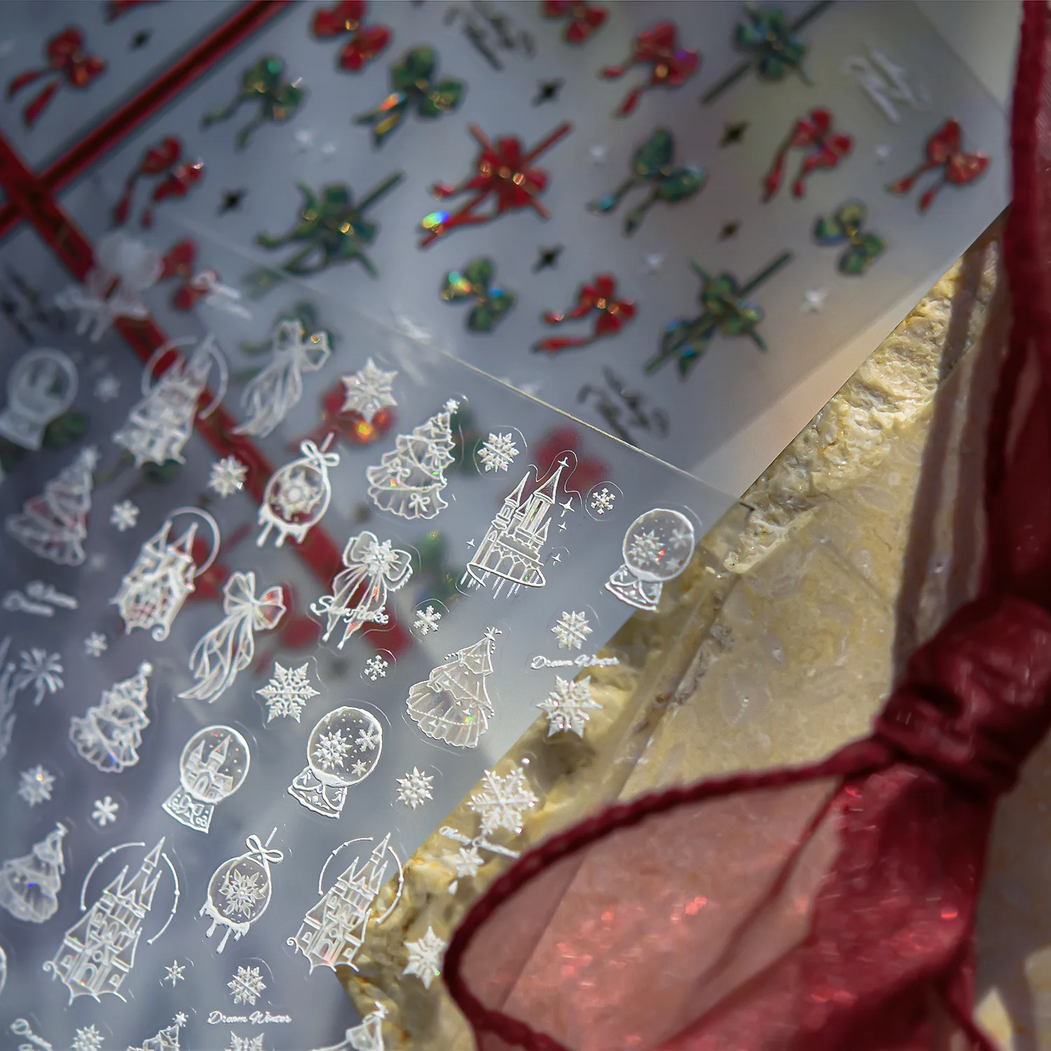 عيد الميلاد متأنق الشريط Bowknot كريستال الكرة ثلج ندفة الثلج الدب الجوارب شريط أبل ستار سانتا كلوز مسمار الفن ملصقات الشارات