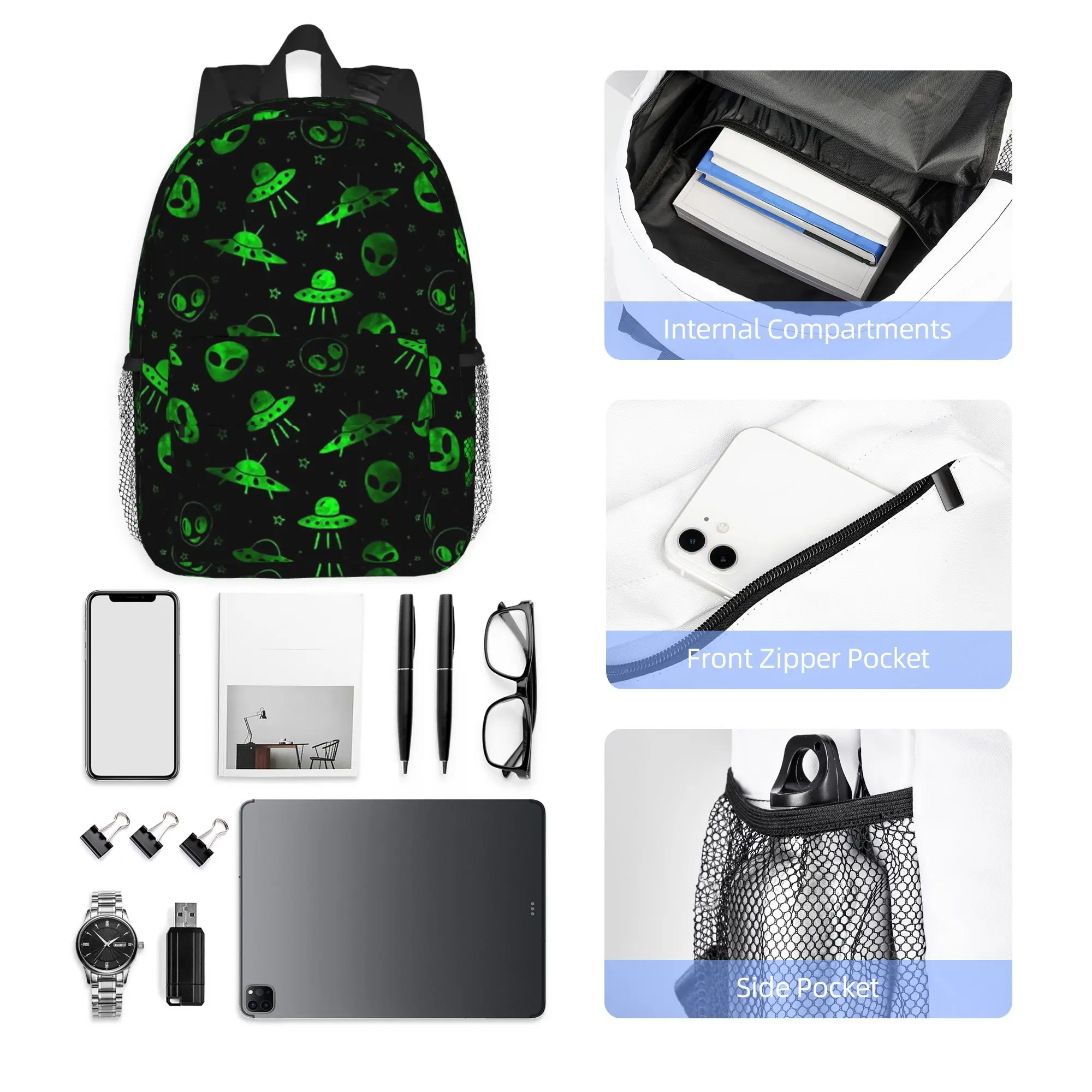 Aliens and UFOs Pattern Backpack Hot Sale Daypack Large Capacity Boys Girls BookBag Shoulder Bags for Men Women School Bag