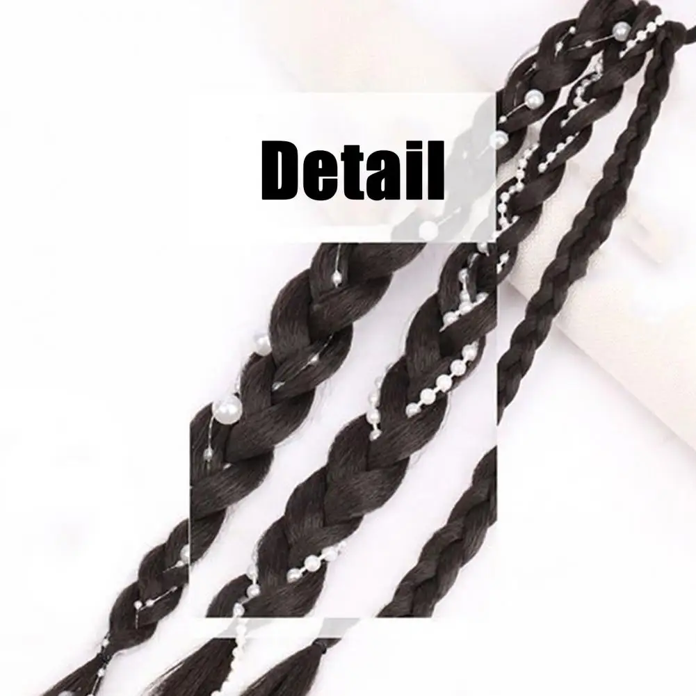 45cm Women Long Braided Ponytail Extension With Hair Tie Faux Pearls Fluffy Straight Wrap Around Ponytail Synthetic Hairpiece