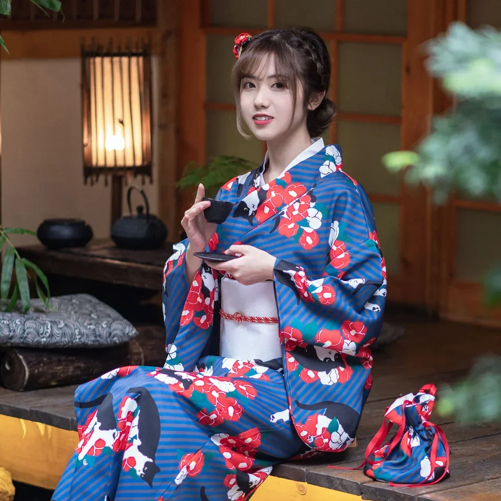 Women's Japanese Style Kimono Blue Color Lovely Kitten Prints Yukata Traditional Stage Performing Dress Cosplay Wear