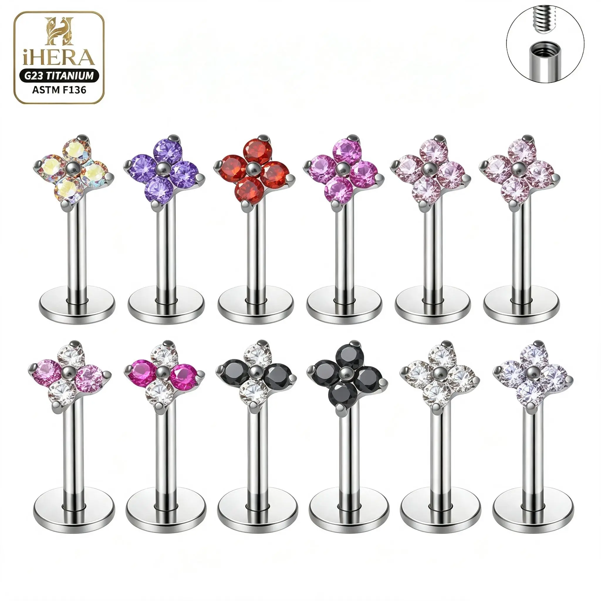 F136 Titan-Piercing Funkelnde Blume CZ Flatback Ohrstecker Nasenring Piercing-Schmuck Set Helix Tragus Conch Augenbrauen-Set Großpackung