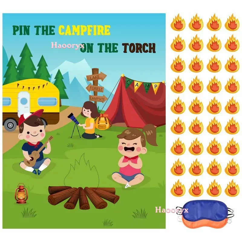 Camping Pin The Tail Games Party Supplies Pining The Campfire On The Torch Poster With 2 Blindfolds 36 Stickers Game Accessories