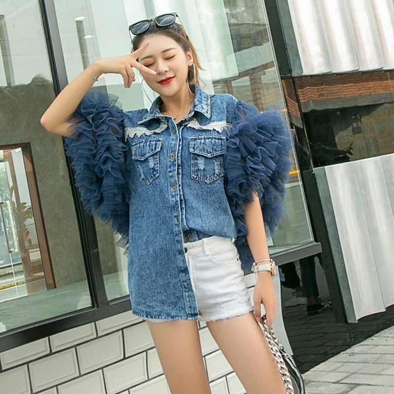 

Summer Denim Jacket Women'S Lapel Short-Sleeved Lace Ruffled Mesh Patchwork Button Coat Female 2023 Fashion New