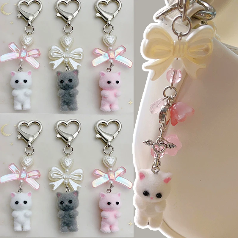 1/2Pcs 3D Flocking Cat Keychain Women Sweet Mini Phone Car Key Pendants Bowknot Pearl Heart Opening Keyrings Bag Decoration