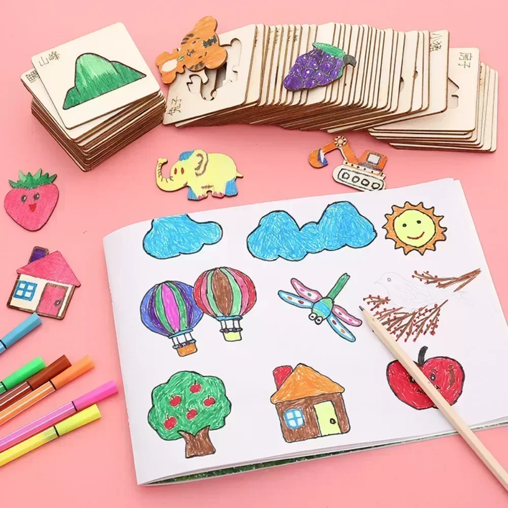 20pcs Montessori Kids Drawing Toys Wooden DIY Painting Stencils Template Craft Toys Puzzle Educational Toys for Children Gifts