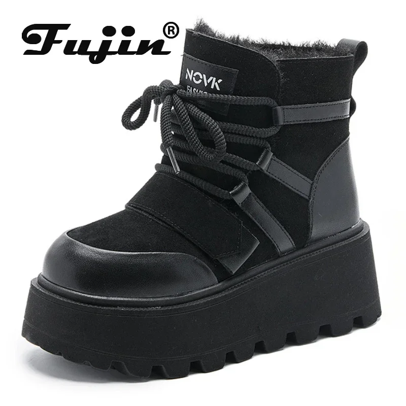 Fujin 8cm Female Genuine Leather Ankle Motorcycle Booties Woman Ladies Platform Wedge  Autumn British Shoes Winter Snow Boots