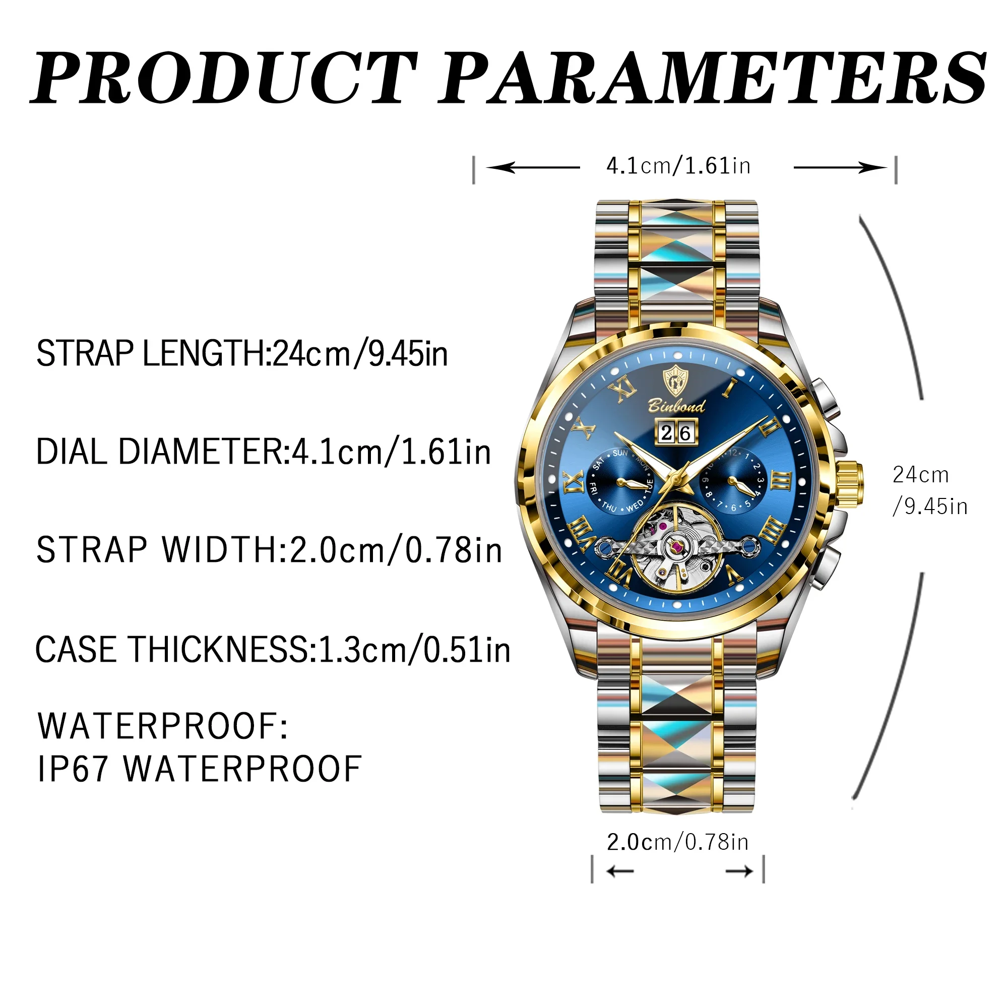 BINBOND Top Luxury Automatic Mechanical Man Watch Date Waterproof Wristwatch New Hollow Tourbillon Stainless Steel Men's Watches view 5