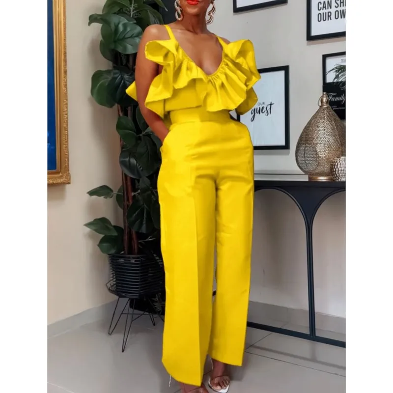 Women Two Pieces Pants Set 2025 Summer V Neck Strap Crop Tops Ruffles High Waist Trousers Sexy Female Suit Fashion Party Outfits