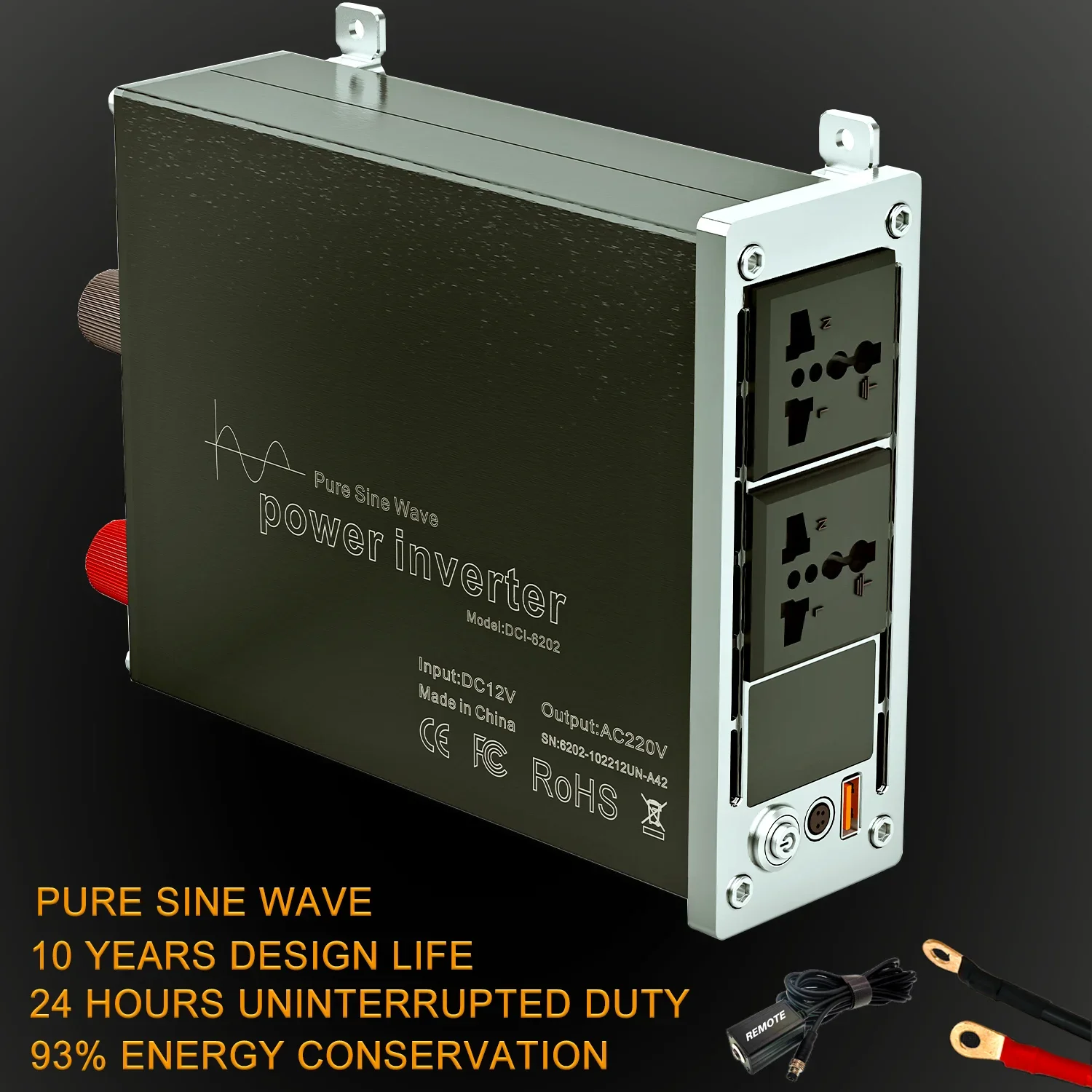 Pure Sine Wave Power Inverter, 12V DC AC SOLAR Converter, 220V, 3000W, 93% Conversion with Remote Control for RV Camping