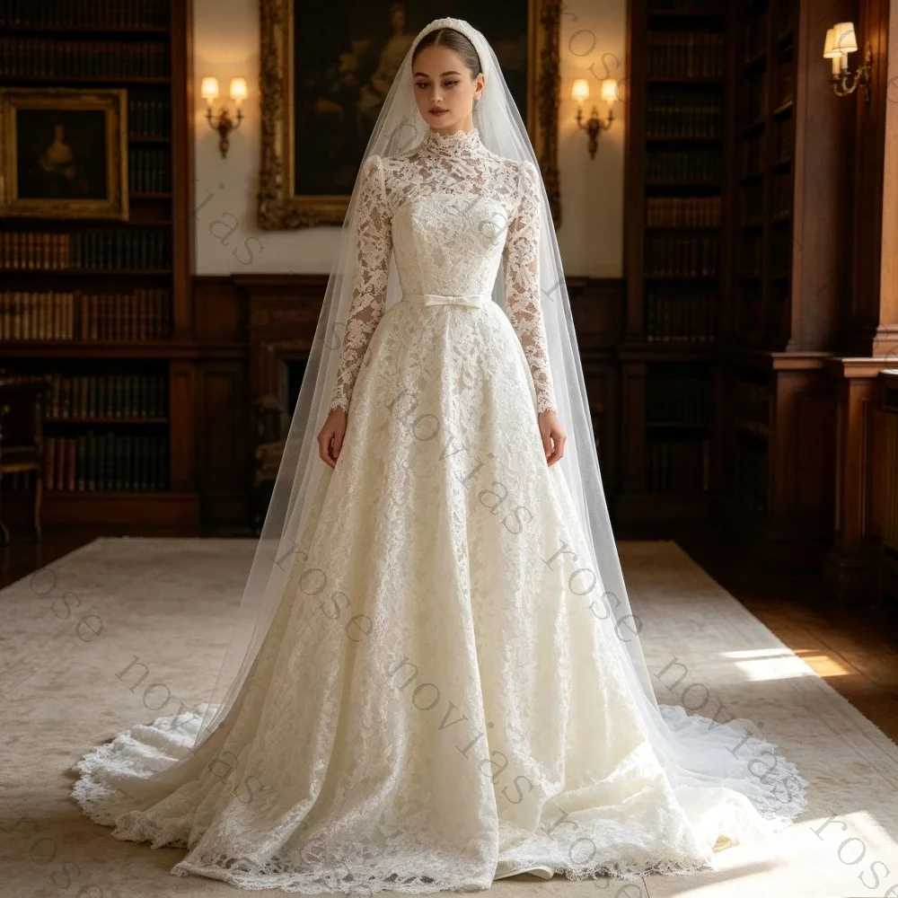 Customized Elegant Muslim Lace Bridal Gown High Neck Sweep Train Modest Church Wedding Dress with Satin Belt Vestido De Novia