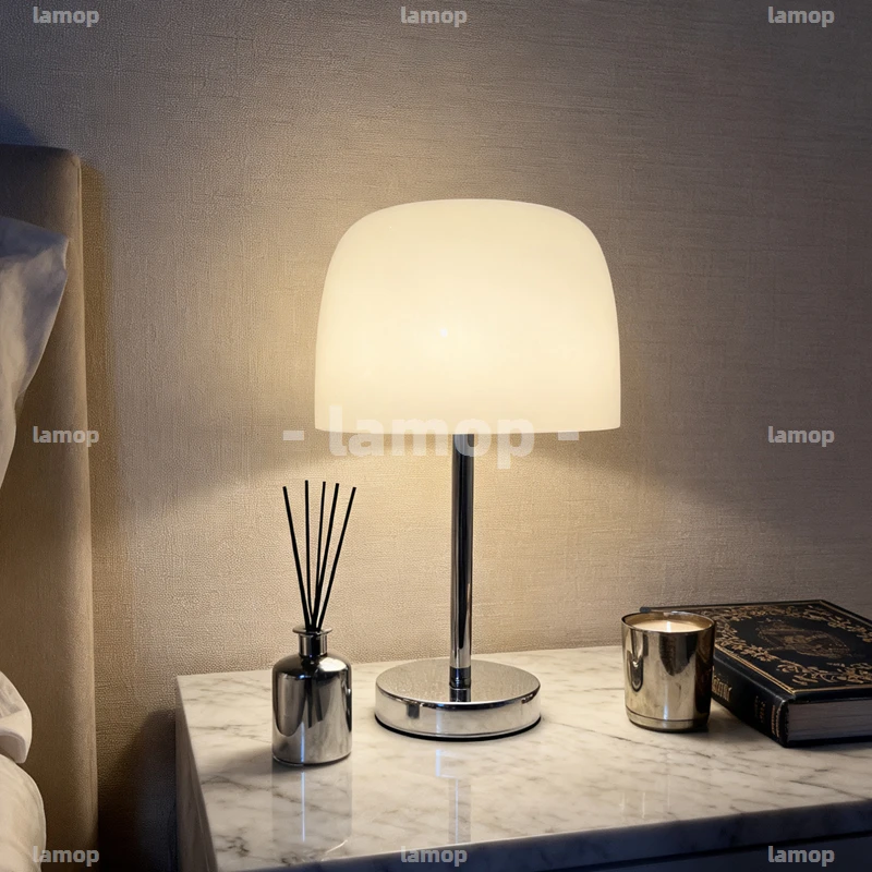 Milky White Bell Candy Jar Chrome Thin Pole Table Lamp Cream Fabric Sofa 3 Tone Soft Light Round Coffee Table Decor Lamp