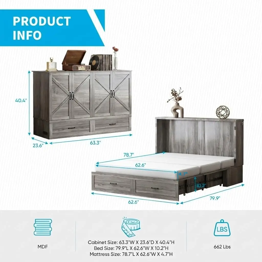 Queen Murphy Bed Cabinet Tri-Fold Mattress Charging Station Hidden Storage Drawers Space Saving Chest Wall Bed, Customized view 2