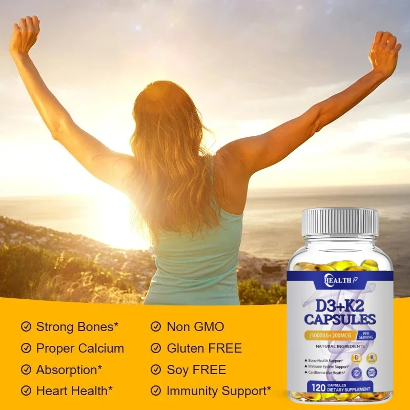 HEALTH Vitamin D3+K2 5000 IU 200 MCG Vitamins Capsules | Non-GMO, Vegan, Nutural, Gluten-free | Health Supplement