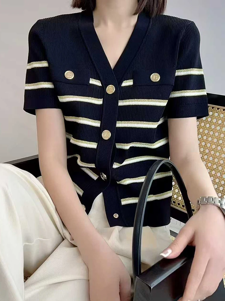 

Высококачественный кардиган в европейском стиле, весна-лето, маленький ароматный кардиган в полоску с золотыми пуговицами, открытый кардиган для похудения, верхняя одежда из ледяного шелка