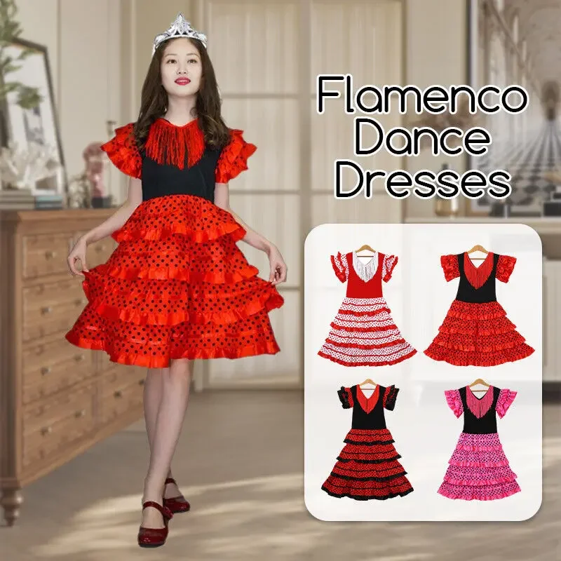 Spanisches Flamenco-Tanzkleid im mexikanischen Stil für Mädchen, 1–13 Jahre, schulterfreies Rüschen-Satin-Performance-Outfit