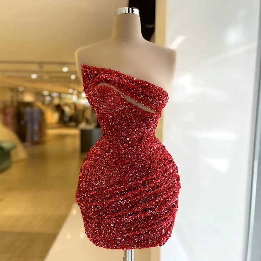 

Sexy Burgundy Short Cocktail Party Dress 2023 Sparkle Strapless Sequin Gradutation Homecoming Gown Robe De Soirée