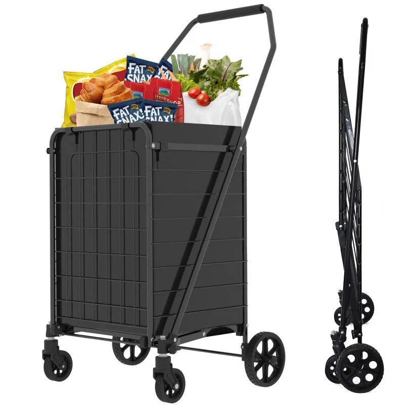 

Shelf Grocery Cart On Wheels Foldable Utility Shopping Carts With 360° Rolling Swivel Wheels For Groceries Laundry