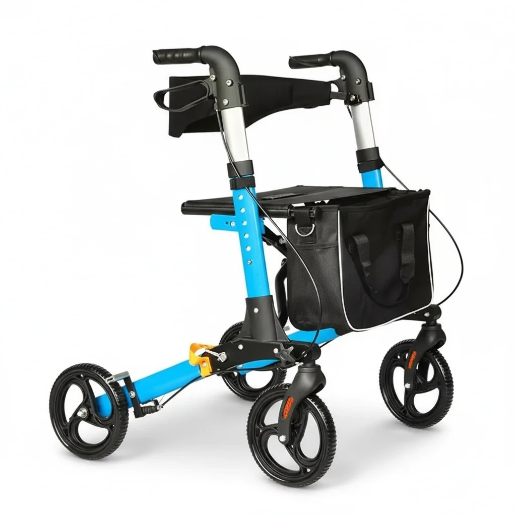 

Lightweight Aluminum Rollator Walker with Seat, Foldable 4-Wheel Mobility Aid for Elderly, 83-96cm Adjustable Walking Assistant