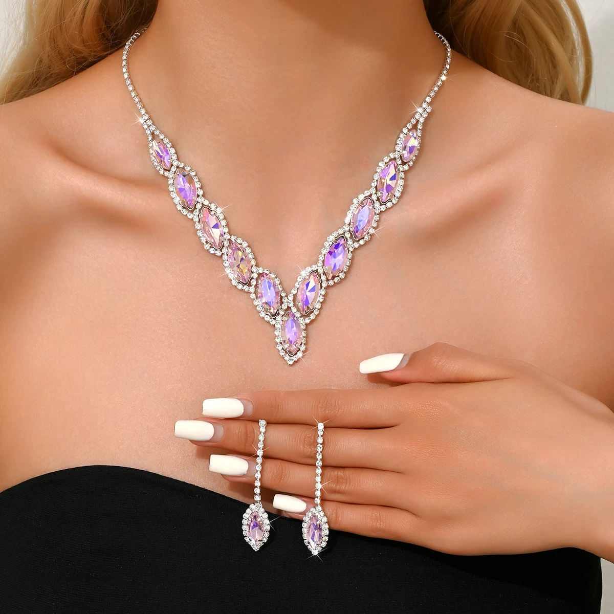 Advanced Versatile Crystal Necklace Earrings Two Piece Set Bridal Wedding Party Vacation Travel Versatile Accessories
