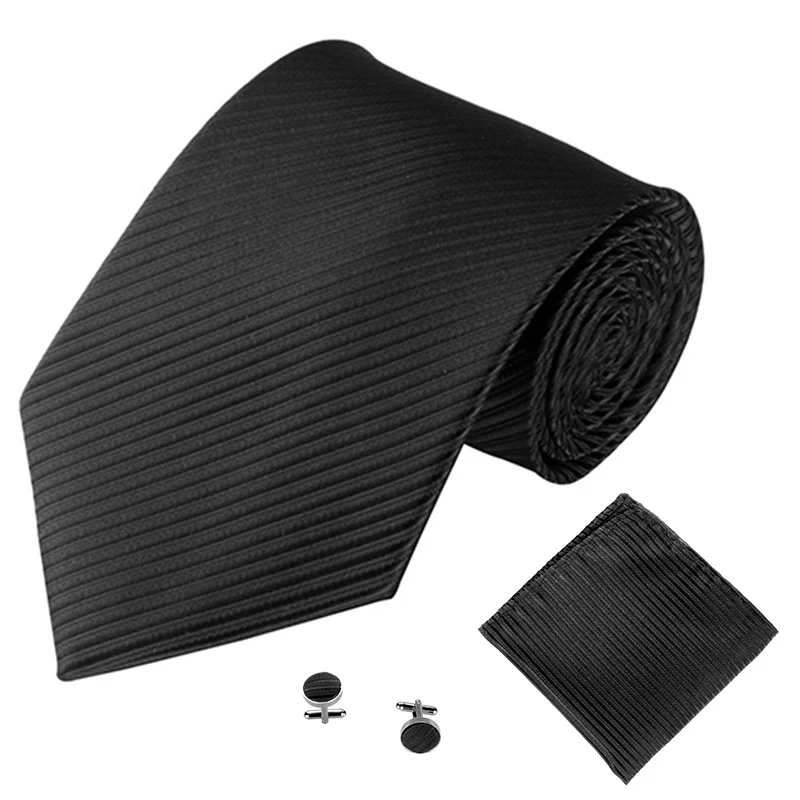 Fashion Tie Set for Men Women 10CM 4-Inch Wedding Accessories Solid Striped Black Red Green Cufflinks Handkerchief Necktie Sets