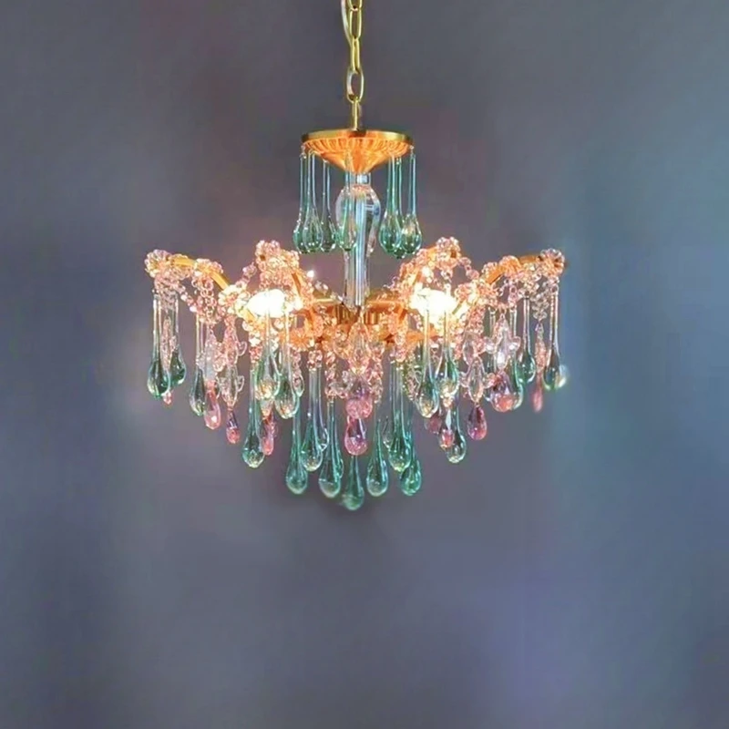 French Style Romantic Pink Green Crystal Pendant Lamp Colored Glass Full Copper/Iron Led Ceiling Light Living Room Bedroom Study